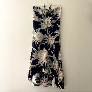 Hawaiian floral Asymmetrical halter top dress roughed back adjustable neck tie